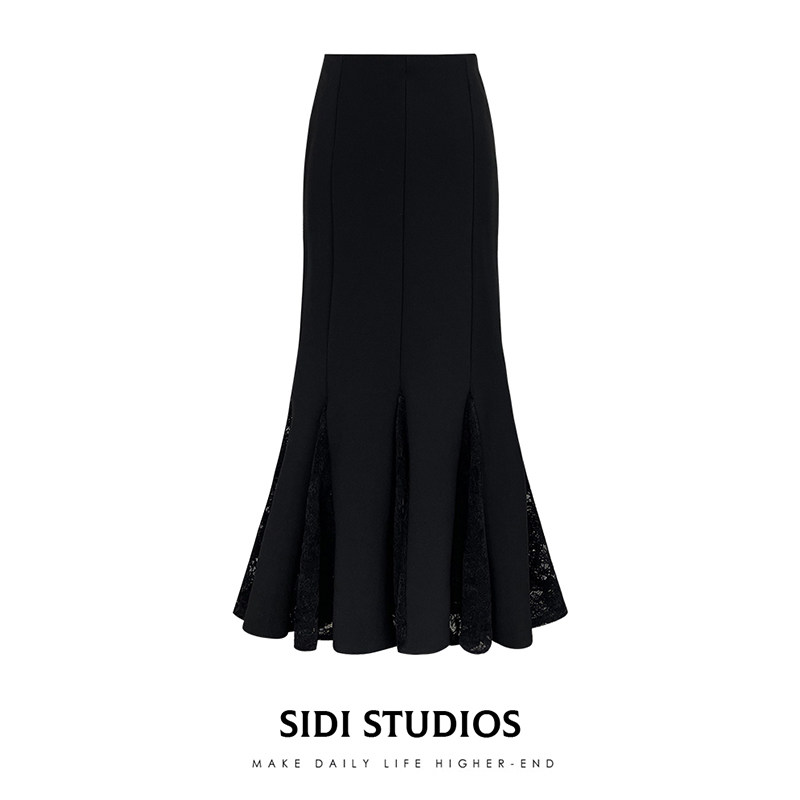 西装半身裙女拼接蕾丝鱼尾半裙春季新款长裙气质修身显瘦黑色裙子