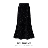 黑色金丝绒半身裙女秋冬亮片半裙新款 长裙加绒加厚鱼尾裙气质裙子