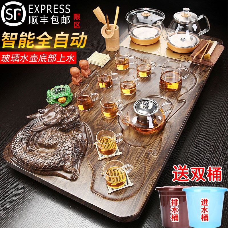 家用功夫b茶具套装整套全自动玻璃底部上水一体实木茶盘客厅泡茶