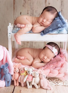 可拆卸新生儿满月欧式田园做旧双胞胎高低床上下铺摄影Z道具床摆