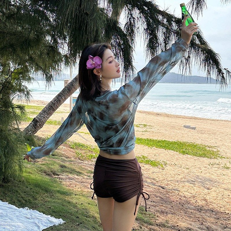 2025新款三i件套大码泳衣外罩衫宽松分体长袖温泉海边度假微胖女