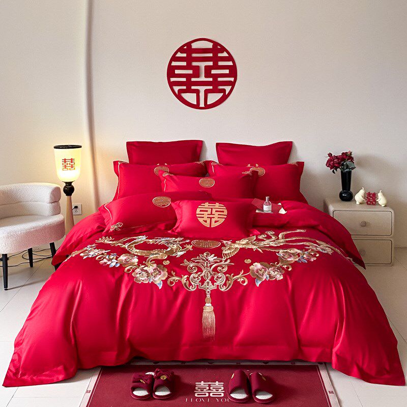 中式结婚四件套红色龙凤被z套高级感喜庆陪嫁婚庆床上用品,床上用品,婚庆床品套件,淘宝优惠券,粉丝福利购,淘宝优惠卷