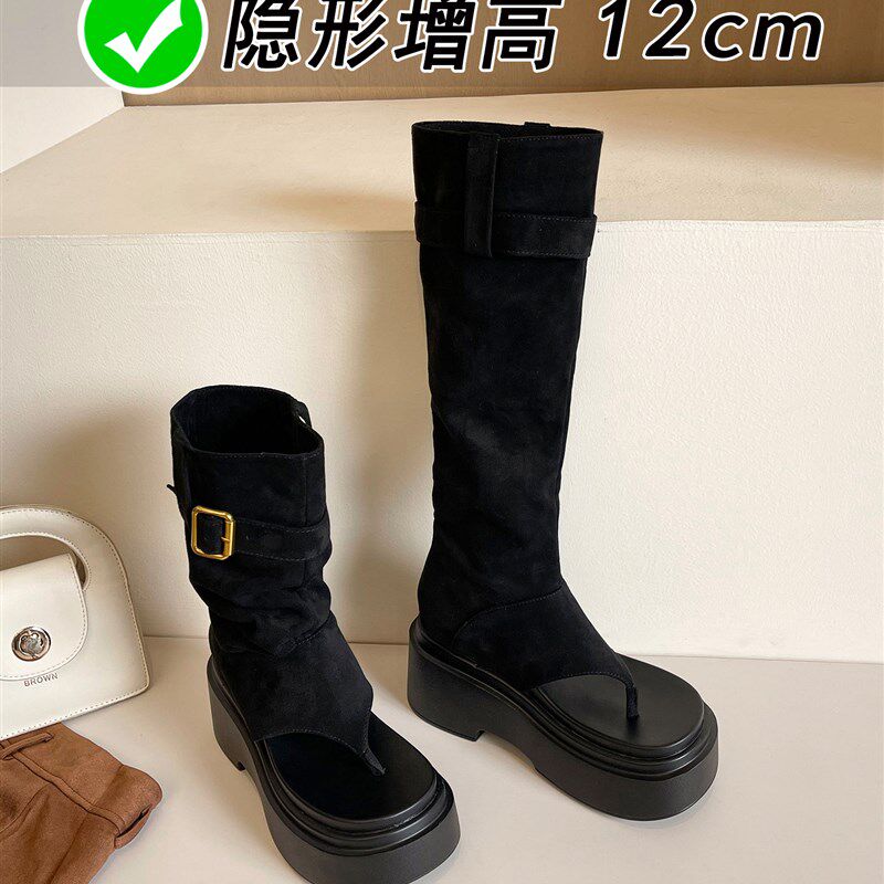 增高12CM夹趾凉靴露趾s靴子女夏款长筒堆堆靴松糕厚底西部靴小个