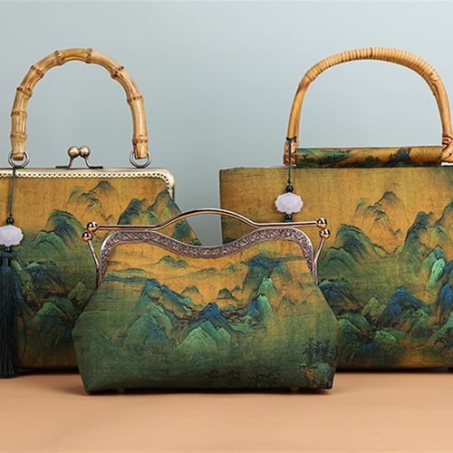 意心手工包江山图l手工布艺包唇形口金包手提包竹子提手手工成品