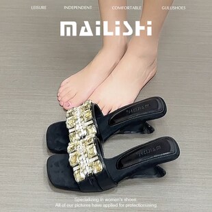 法式气质水钻高级k感一字带凉拖鞋女2025夏季新款外穿百搭高跟凉