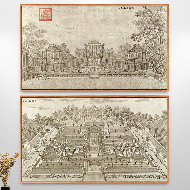 郎世宁圆明园清代宫廷建筑装饰画客厅新中式走廊过道挂画横版壁画