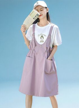 连衣裙时尚套装裙夏装少女大童T恤背带裙初中高中学生洋气两件套