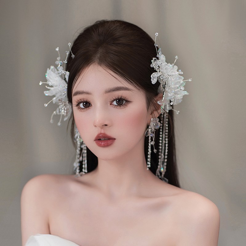 新娘头饰手工绢纱边夹对夹韩式水晶流苏发饰婚纱晚礼服跟妆配饰品