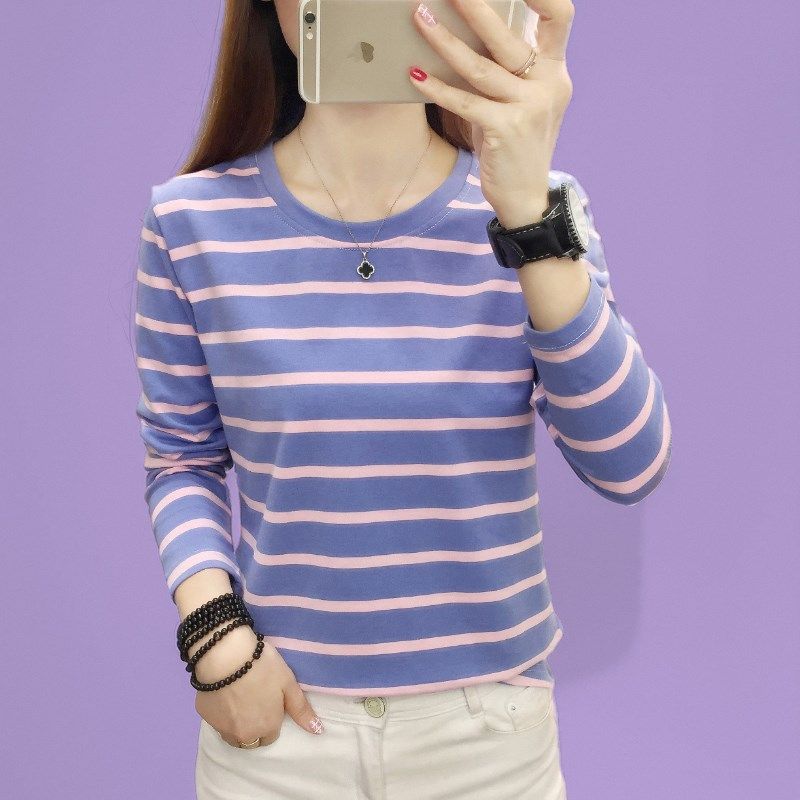 纯棉圆领条纹长袖T恤女宽松春秋装新款大码妈妈装洋气打底衫上衣