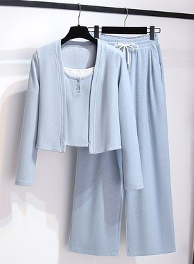 休闲运动服奶蓝色开衫配吊带阔腿裤子女2025春秋新款时尚三件套装