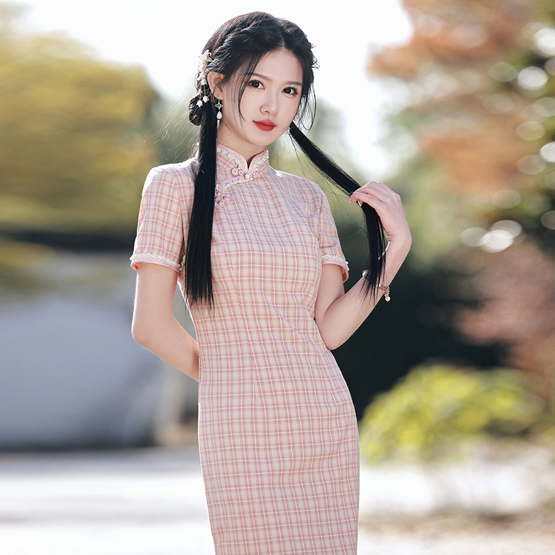 格子改良旗袍新款2023年轻款少女复古民国风淑女范修身洋装夏季