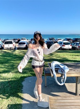 Xinlei Lin 捕梦少女镂空露肩两穿轻薄罩衫长袖T恤上衣女春夏