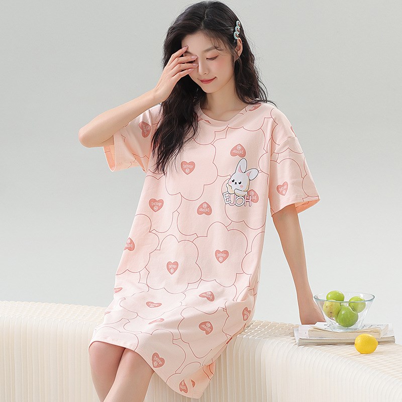 可爱短袖a睡衣女士夏季棉质卡通少女睡裙中长款可外穿加大码家居