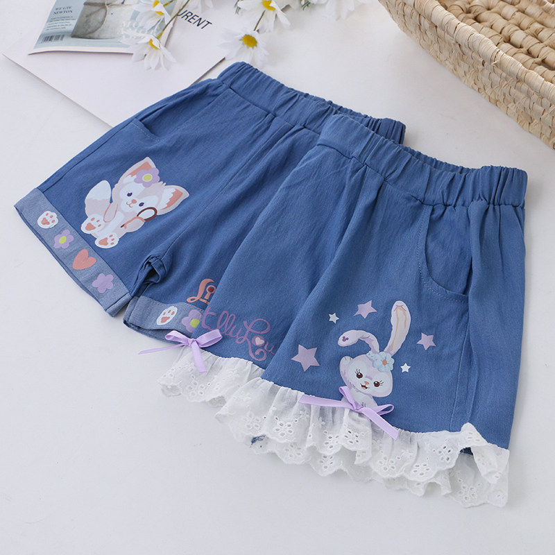 女童纯棉花边仿牛仔薄短裤夏季新款儿童装宝宝卡通裤子沙滩裤套装