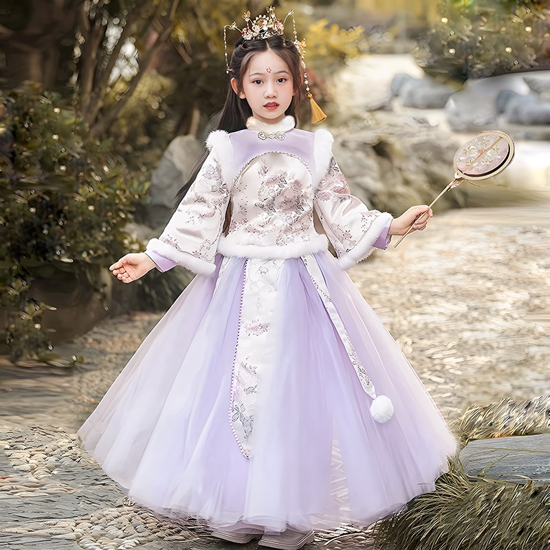 女童汉服冬季拜年服女宝宝中国风古装棉袄紫色儿童过年唐装加厚冬