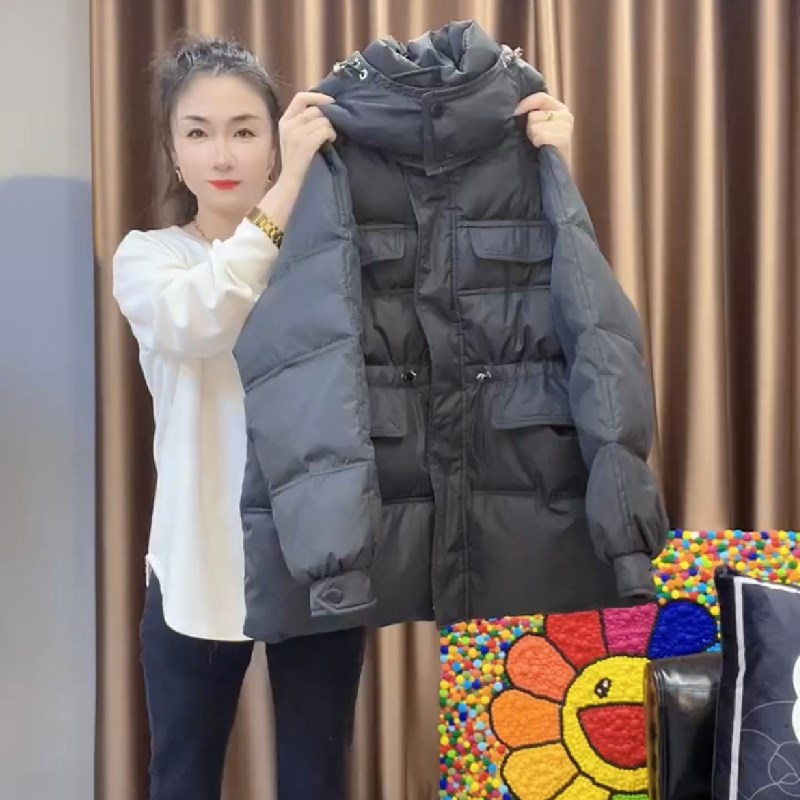 2024冬季新款羽绒棉服女中长款连帽收腰欧货大码工装加厚冬装外套