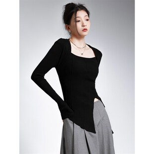 小众设计感方领开叉法式复古不规则长袖针织衫短款打底上衣女春秋