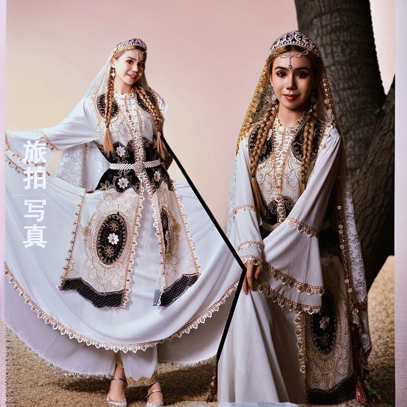 新疆少数民族风哈萨克特色面料丝麻裙刺绣马甲套装写真摄影演出服