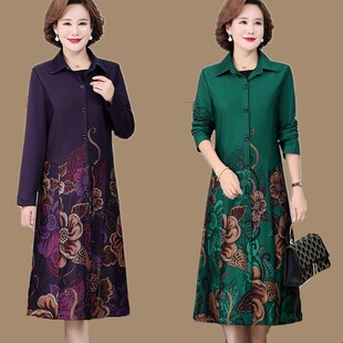 妈妈秋装高档印花风衣女中长款新款大码中老年女春秋季外套女上衣