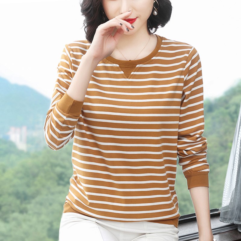 妈妈纯棉长袖t恤女2024春秋装新款条纹上衣中老年打底衫秋衣外穿