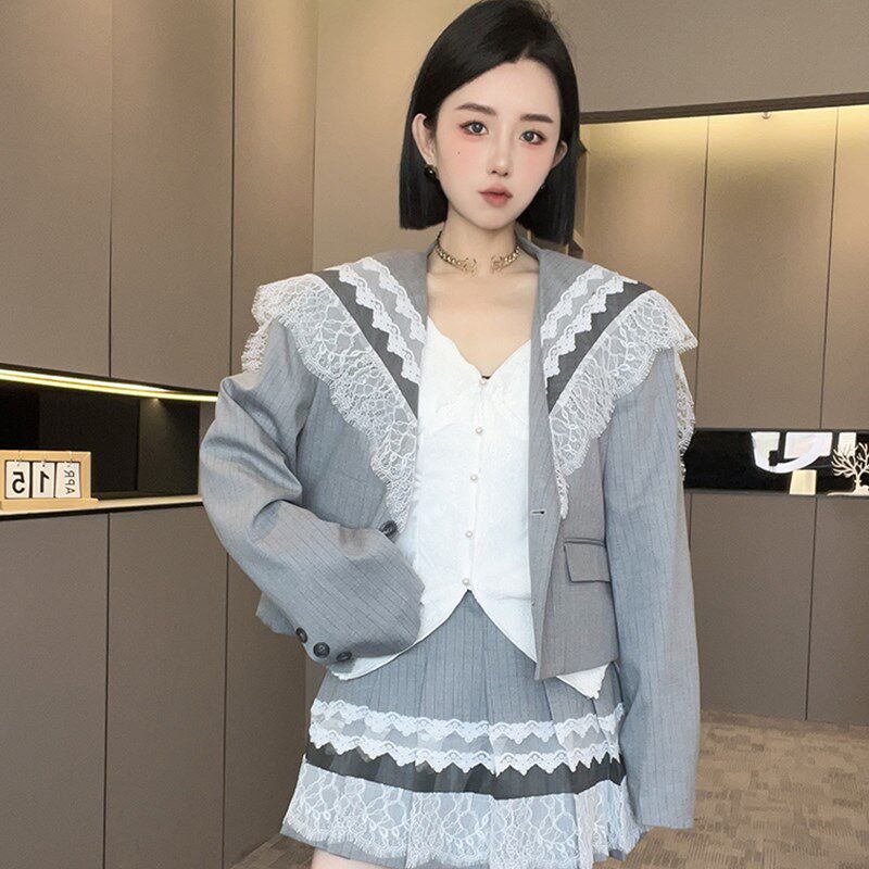 长袖西服高腰短裙半身裙百褶裙蕾丝拼接套装两件套女2025春季新款