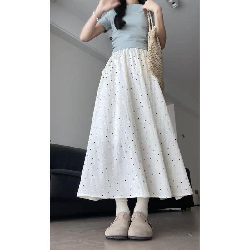 温柔风白色波点半身裙女2024新款简约松紧腰遮胯显瘦a字超仙长裙