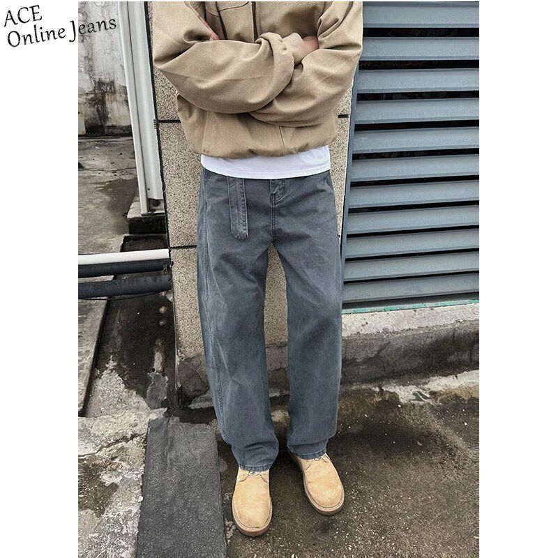 烟灰色水洗做旧弯刀牛仔裤男潮牌美式复古腰带款直筒裤子潮流长裤