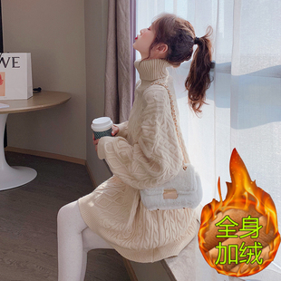 中长款麻花加绒加厚高领毛衣女宽松2022秋冬季新款慵懒风套头外穿