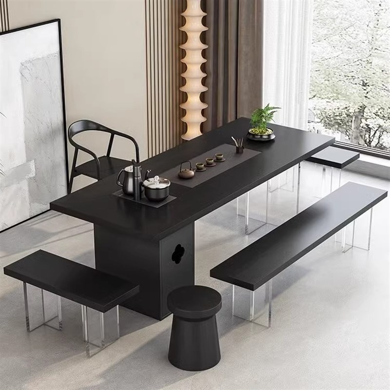 侘寂风实木茶台客厅黑色大板会客泡茶桌书桌民宿茶室接客桌椅