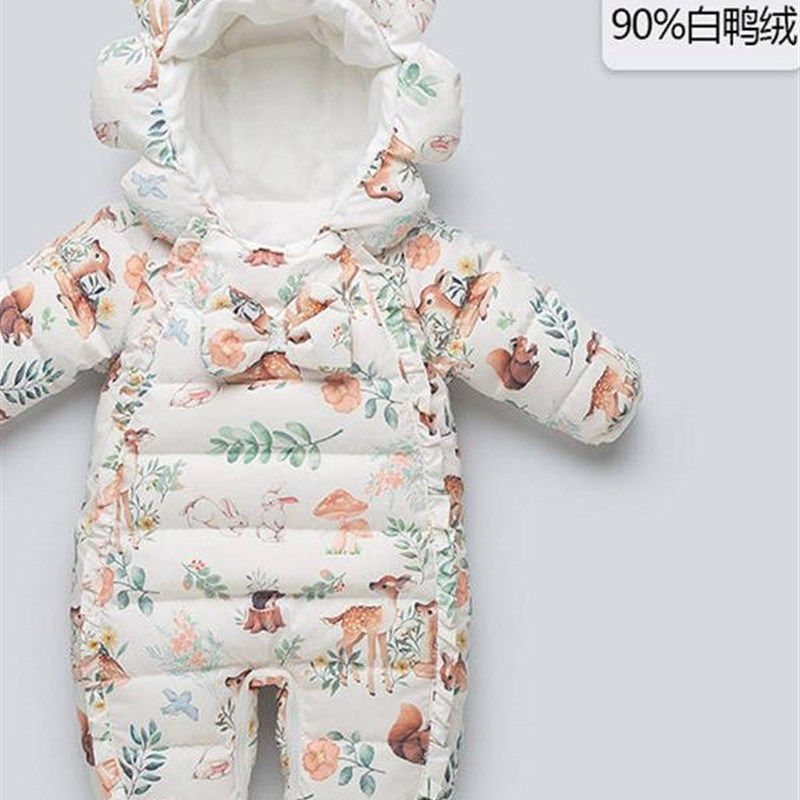 婴儿羽绒服冬连体哈衣外出服加绒加厚女宝宝公主可爱婴幼儿爬爬服