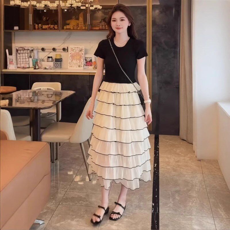 赫本风气质高腰蓬蓬T恤长裙女士2025新款小个子温柔a字芭蕾蛋糕裙
