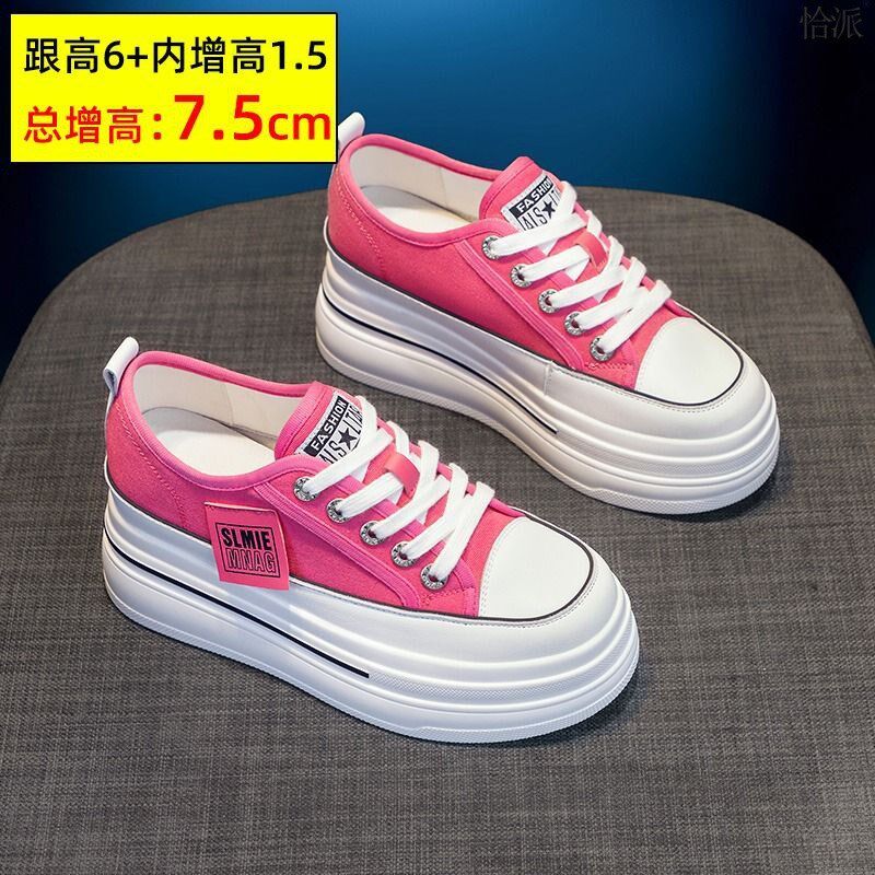 粉色帆布鞋女年春季新款女鞋厚底运动跑步鞋百搭内增高小白鞋