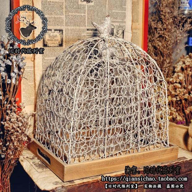 美式做旧铁艺+木托盘 鸟笼花笼 花托 橱窗酒吧咖啡厅陈列工艺品