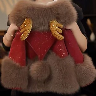 女童金色龙角皮草外套新款儿童红色冬装网红小女孩加绒加厚拜年服