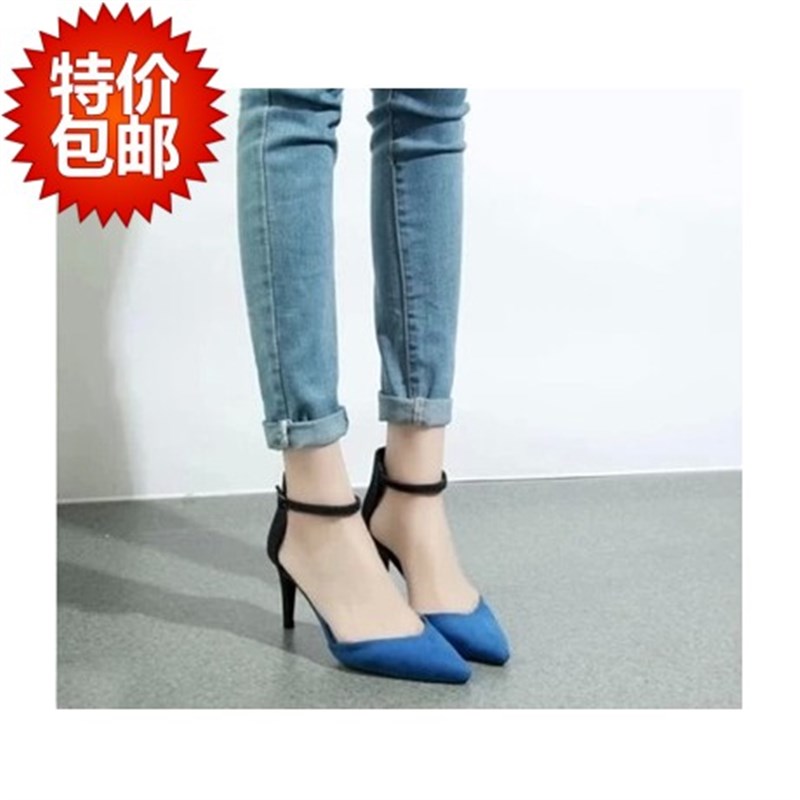尖头一字扣高跟鞋2015新款拼色细跟绑带女鞋秋鞋小码高跟鞋32 33
