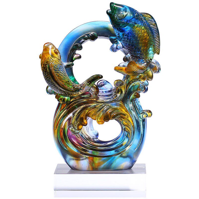 琉璃锦鲤鱼摆件浪花年年有余工y艺品乔迁新家居礼品客厅玄关柜装