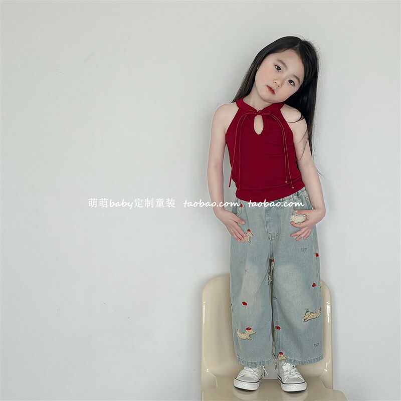 女童韩版可爱卡通牛仔裤直筒裤2025春夏儿童薄牛仔裤长裤阔腿裤子