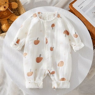 婴儿纯棉夏季长袖长爬纱布连体衣满月宝宝超萌男孩衣服女孩空调服