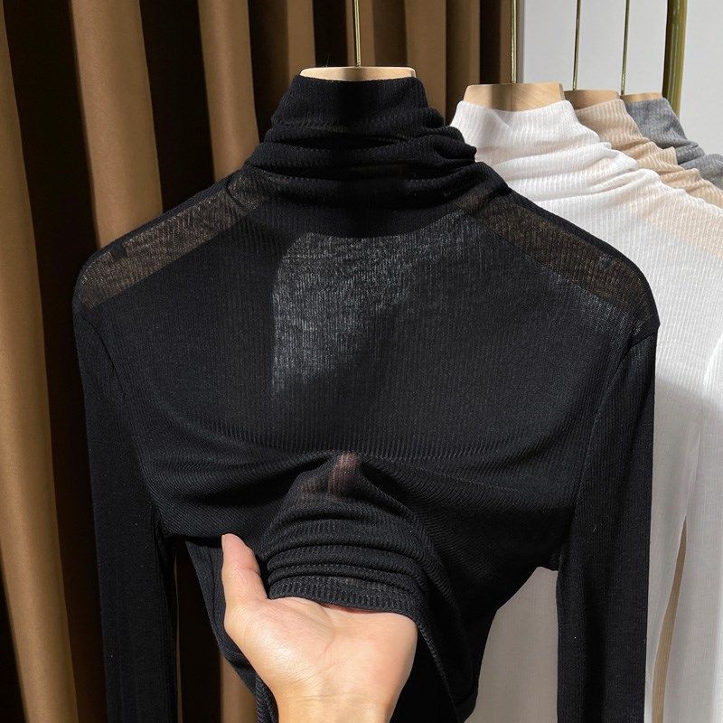 黑色高领薄款打底针织衫女2024年新款堆堆领修身内搭螺纹上衣微透