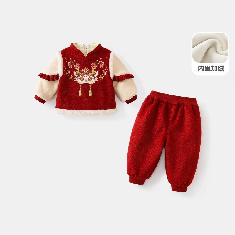 女童套装冬装儿童中国风喜庆唐装汉服宝宝周岁礼服抓周拜年服