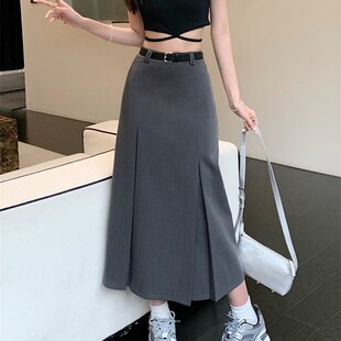 胖妹中长款西装半身裙设计感百搭夏季A字裙大码高级灰色直筒长裙