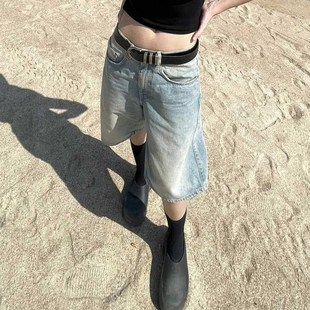 美式复古牛仔短裤五分裤女夏季低腰宽松休闲百搭浅色水洗直筒中裤