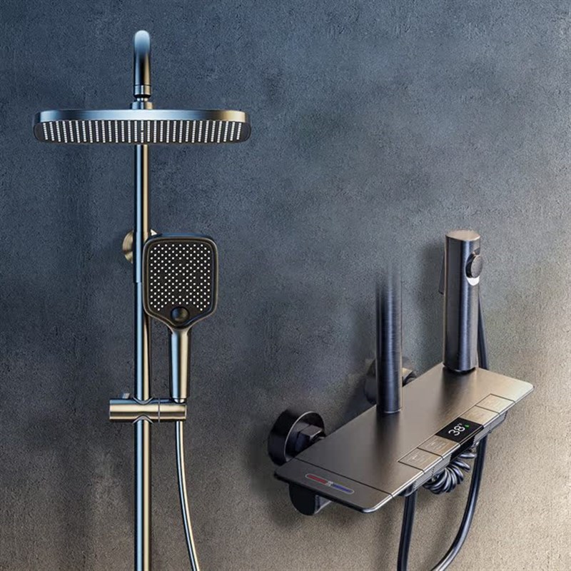 百晋枪灰色智能恒温数显增压淋浴花洒套装钢琴按键四档洗澡沐浴器