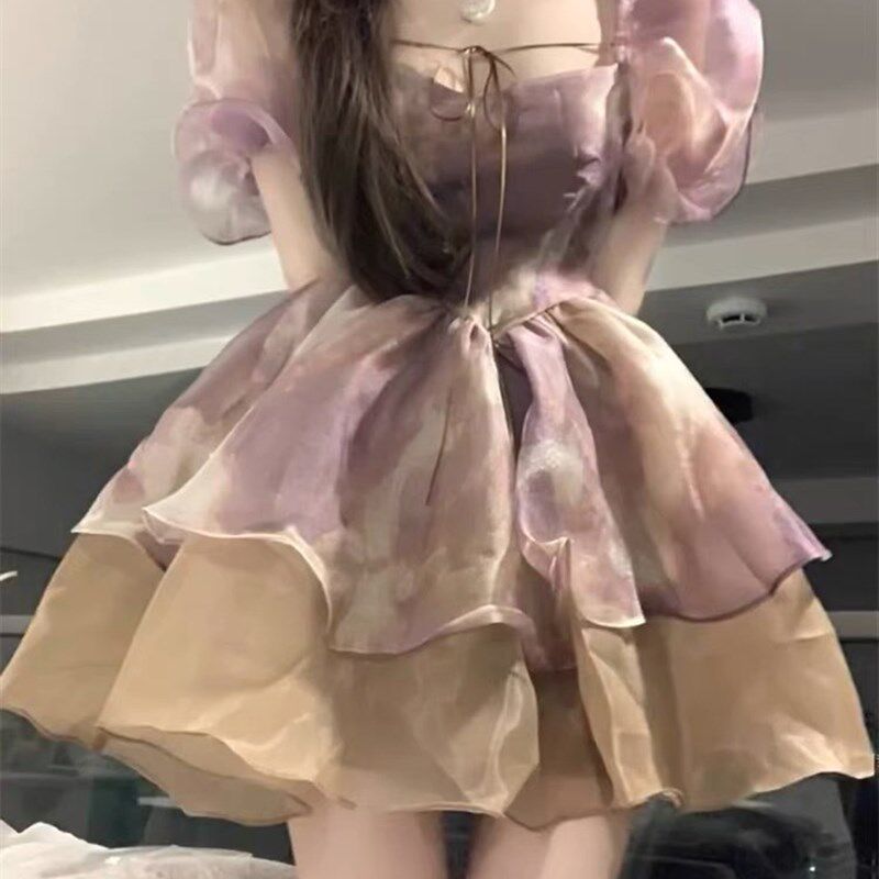 小众超仙纯欲风泡泡袖紫色连衣裙夏季高级感甜辣妹蓬蓬公主短裙女