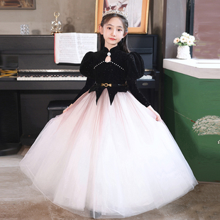 赫本风女童晚礼服黑色轻奢小众高端花童公主裙儿童主持人长裙秋冬