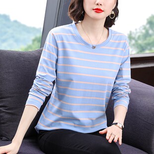 纯棉长袖t恤女打底衫中老年妈妈装大码宽松遮肚子条纹上衣春秋装