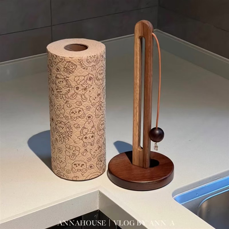 原木风纸巾架厨房台面立式卷纸架保鲜膜收纳置物架免打孔收纳架子