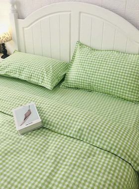 【优质老粗布】100%纯棉加厚加密绿色小格子床单被单被套三四件套