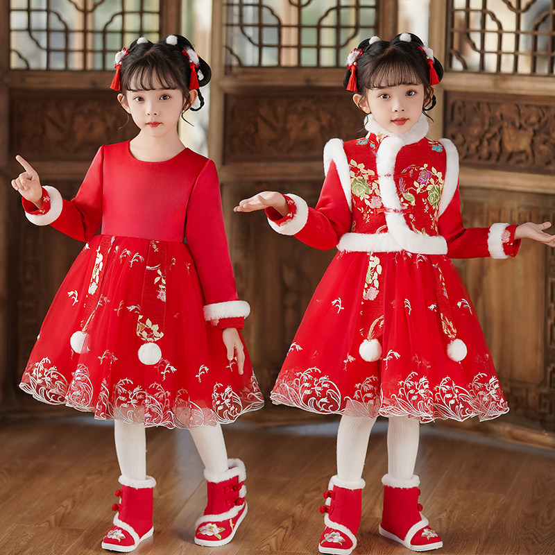 拜年服女童冬季儿童汉服洋装秋冬女宝宝过年衣服公主裙冬款裙子
