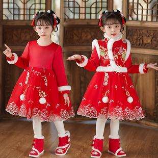 拜年服女童冬季儿童汉服洋装秋冬女宝宝过年衣服公主裙冬款裙子